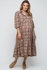 Burgundy Floral Collared Tiered Plus Maternity Maxi Dress