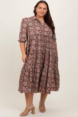 Burgundy Floral Collared Tiered Plus Maternity Maxi Dress