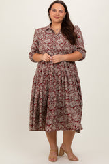 Burgundy Floral Collared Tiered Plus Maxi Dress