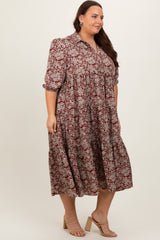 Burgundy Floral Collared Tiered Plus Maxi Dress