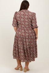 Burgundy Floral Collared Tiered Plus Maxi Dress