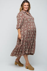 Burgundy Floral Collared Tiered Plus Maternity Maxi Dress