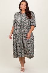 Green Floral Collared Tiered Plus Maxi Dress