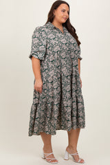 Green Floral Collared Tiered Plus Maxi Dress