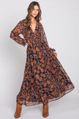 Navy Floral Long Sleeve V-Neck Maternity Maxi Dress