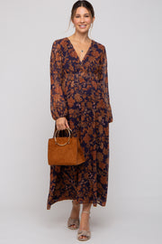 Navy Floral Long Sleeve V-Neck Maternity Maxi Dress