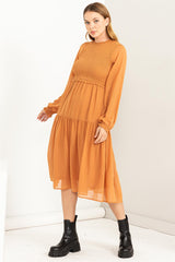 Orange Chiffon Tiered Midi Dress