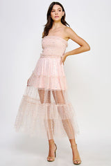 Blush Sequin Ruffle Tiered Tulle Midi Dress