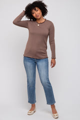 Brown Rib Knit Lettuce Trim Long Sleeve Top