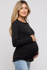 Black Rib Knit Lettuce Trim Maternity Long Sleeve Top