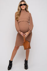 Mocha Rib Knit Mock Neck Maternity Nursing Dress