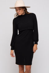 Black Rib Neck Mock Neck Maternity Nursing Dress