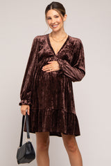 Brown Velvet Long Sleeve Maternity Dress