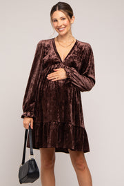 Brown Velvet Long Sleeve Maternity Dress