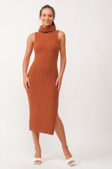 Camel Fuzzy Knit Sleeveless Turtle Neck Midi Dress