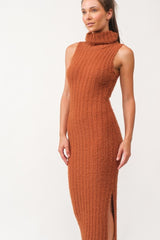 Camel Fuzzy Knit Sleeveless Turtle Neck Midi Dress