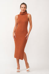 Camel Fuzzy Knit Sleeveless Turtle Neck Midi Dress