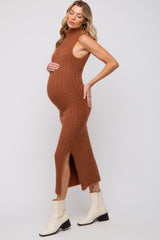 Camel Fuzzy Knit Sleeveless Turtle Neck Maternity Midi Dress