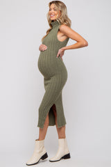 Olive Fuzzy Knit Sleeveless Turtle Neck Maternity Midi Dress