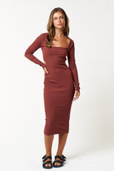 Brown Rib Knit Side Cutout Maternity Midi Dress