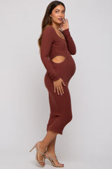 Brown Rib Knit Side Cutout Maternity Midi Dress