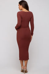 Brown Rib Knit Side Cutout Maternity Midi Dress