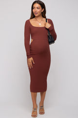 Brown Rib Knit Side Cutout Maternity Midi Dress