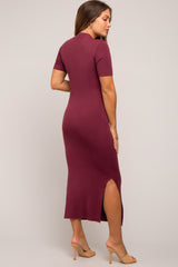 Burgundy Knit Fitted Mock Neck Maternity Midi Dress