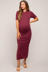 Burgundy Knit Fitted Mock Neck Maternity Midi Dress