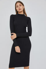 Black Ribbed Fitted Mock Neck Long Sleeve Dress