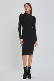 Black Ribbed Fitted Mock Neck Long Sleeve Dress