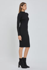 Black Ribbed Fitted Mock Neck Long Sleeve Dress