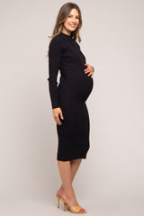 Black Ribbed Fitted Mock Neck Long Sleeve Maternity Dress