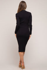 Black Ribbed Fitted Mock Neck Long Sleeve Maternity Dress