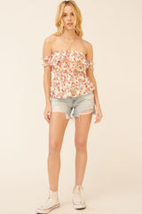 Cream Floral Off-Shoulder Ruffle Flounce Peplum Top