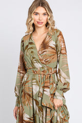 Olive Palm Print Chiffon Wrap Front V-Neck Long Sleeve Maxi Dress