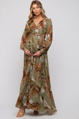 Olive Palm Print Chiffon Wrap Front V-Neck Long Sleeve Maternity Maxi Dress