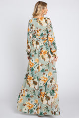 Mint Green Floral Chiffon Wrap Front V-Neck Long Sleeve Maxi Dress