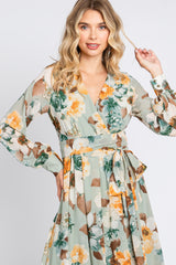 Mint Green Floral Chiffon Wrap Front V-Neck Long Sleeve Maxi Dress