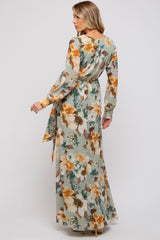 Mint Green Floral Chiffon Wrap Front V-Neck Long Sleeve Maternity Maxi Dress