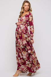 Burgundy Floral Chiffon Wrap Front V-Neck Long Sleeve Maternity Maxi Dress