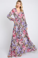 Mauve Floral Chiffon Wrap Front V-Neck Long Sleeve Maternity Maxi Dress