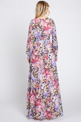 Mauve Floral Chiffon Wrap Front V-Neck Long Sleeve Maxi Dress