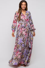 Mauve Floral Chiffon Wrap Front V-Neck Long Sleeve Maternity Maxi Dress