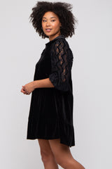 Black Velvet Lace Sleeve Collared Tiered Dress