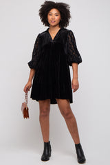 Black Velvet Lace Sleeve Collared Tiered Dress