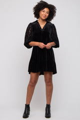 Black Velvet Lace Sleeve Collared Tiered Dress