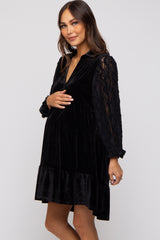 Black Velvet Lace Sleeve Collared Tiered Maternity Dress