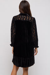 Black Velvet Lace Sleeve Collared Tiered Maternity Dress