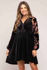 Black Velvet Floral Long Sleeve Maternity Dress